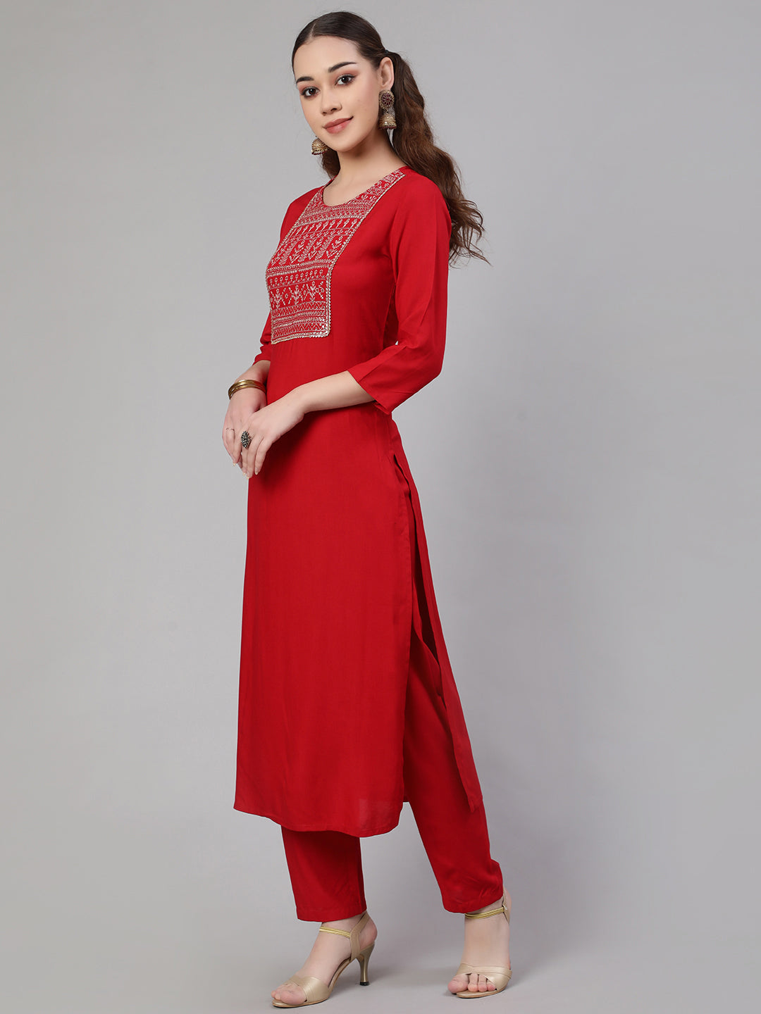 Red Embroidered Straight Kurta With Palazzo And Net Dupatta