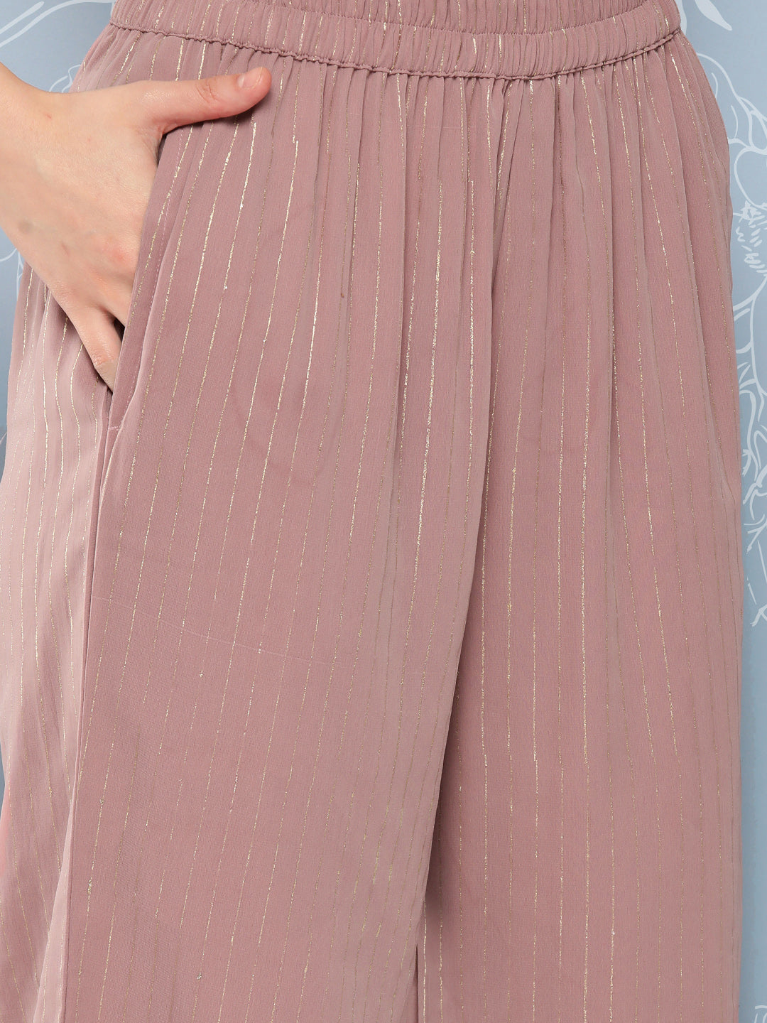 Mauve Foil Printed Straight Kurta With Palazzo And Net Dupatta