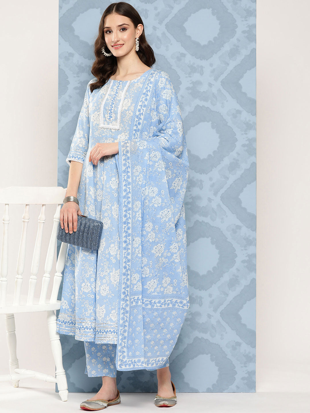 Blue Printed Flared Kurta And Trouser With Dupatta