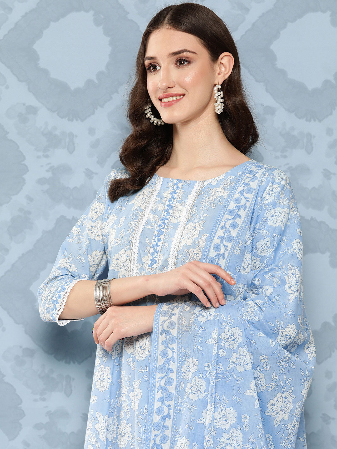 Blue Printed Flared Kurta And Trouser With Dupatta