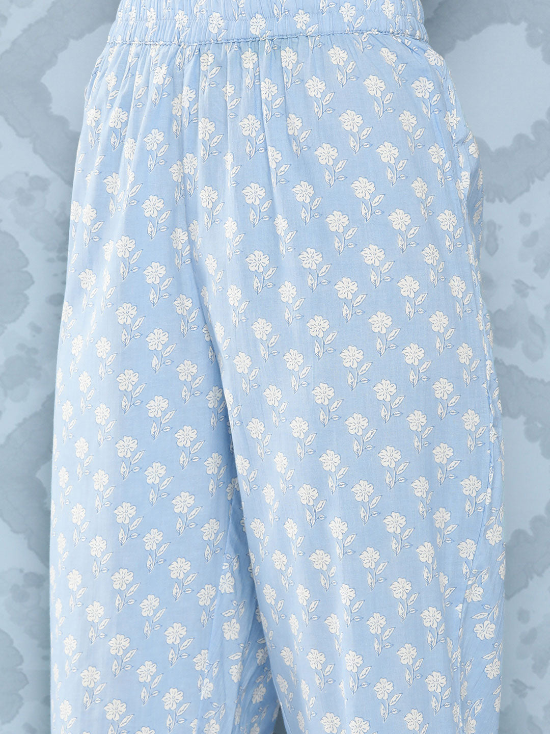 Blue Printed Flared Kurta And Trouser With Dupatta