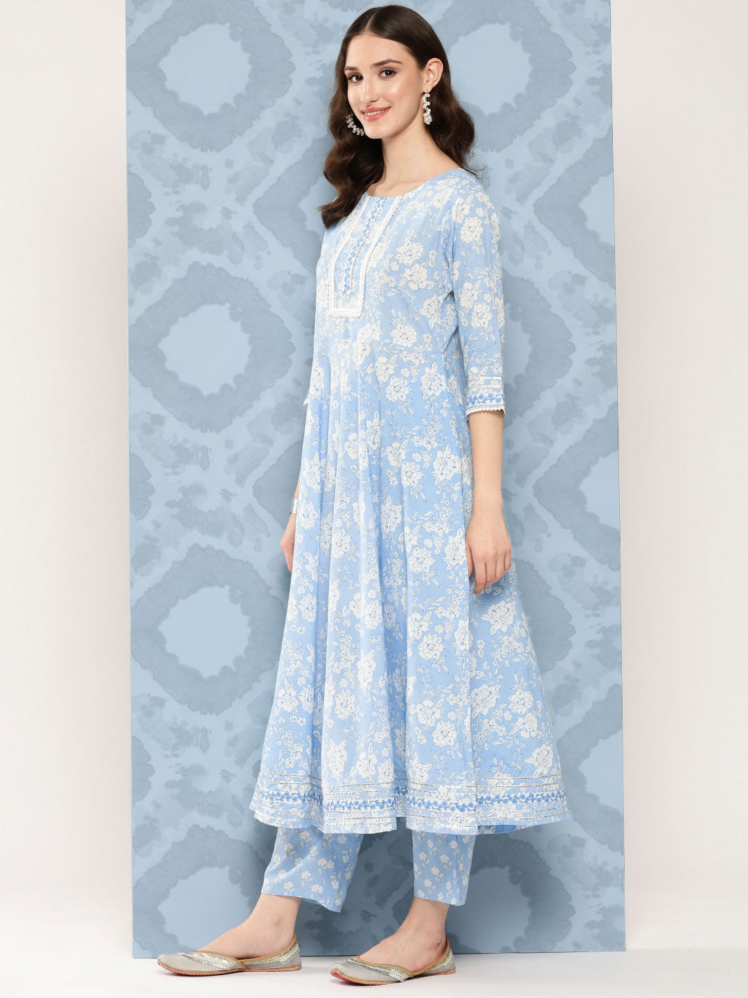 Blue Printed Flared Kurta And Trouser With Dupatta