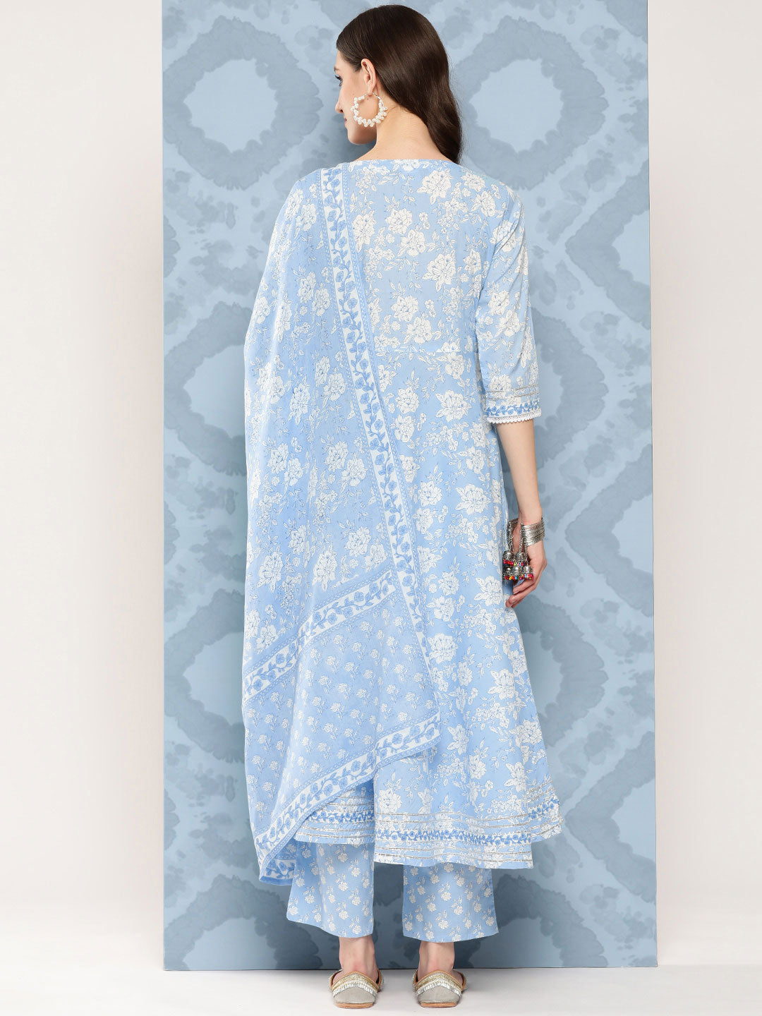 Blue Printed Flared Kurta And Trouser With Dupatta