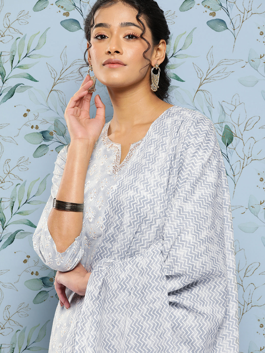 Grey Ethnic Embroidered Kurta With Palazzo And Dupatta