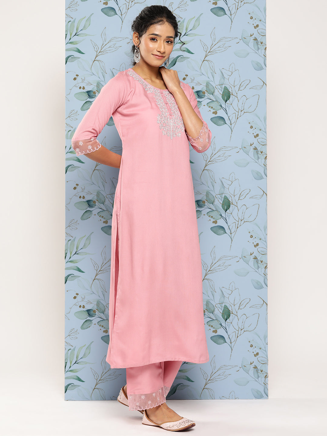 Pink Embroidered Straight Kurta With Trouser And Dupatta