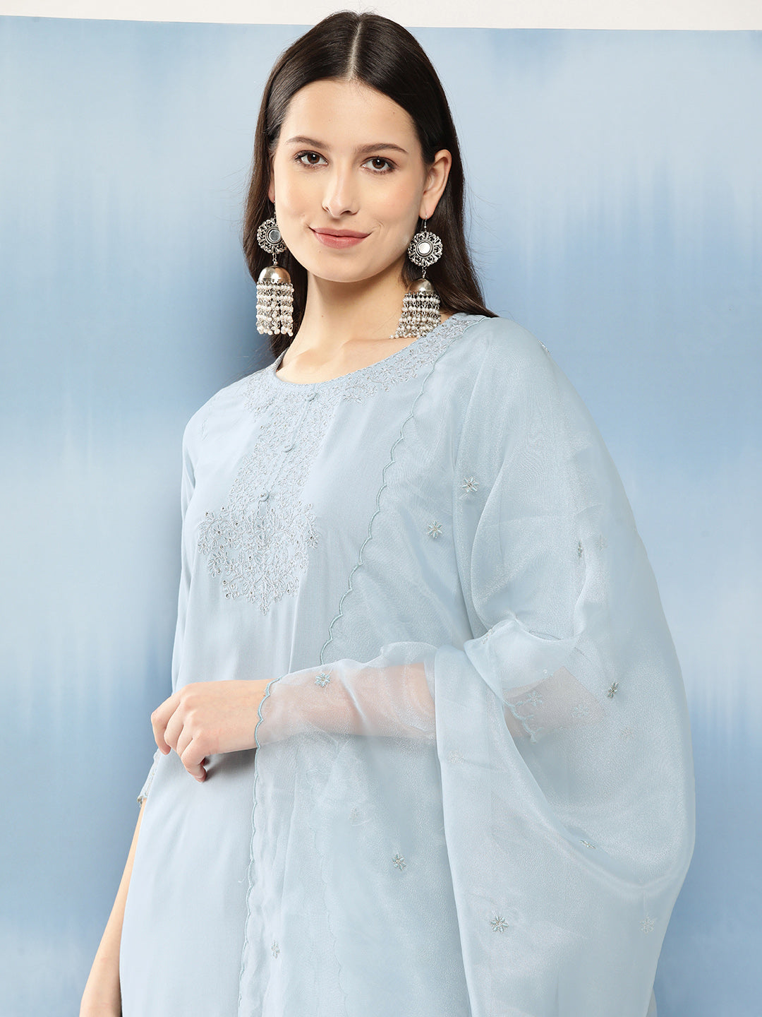 Carolina Blue Embroidered Kurta With Trouser & With Organza Dupatta