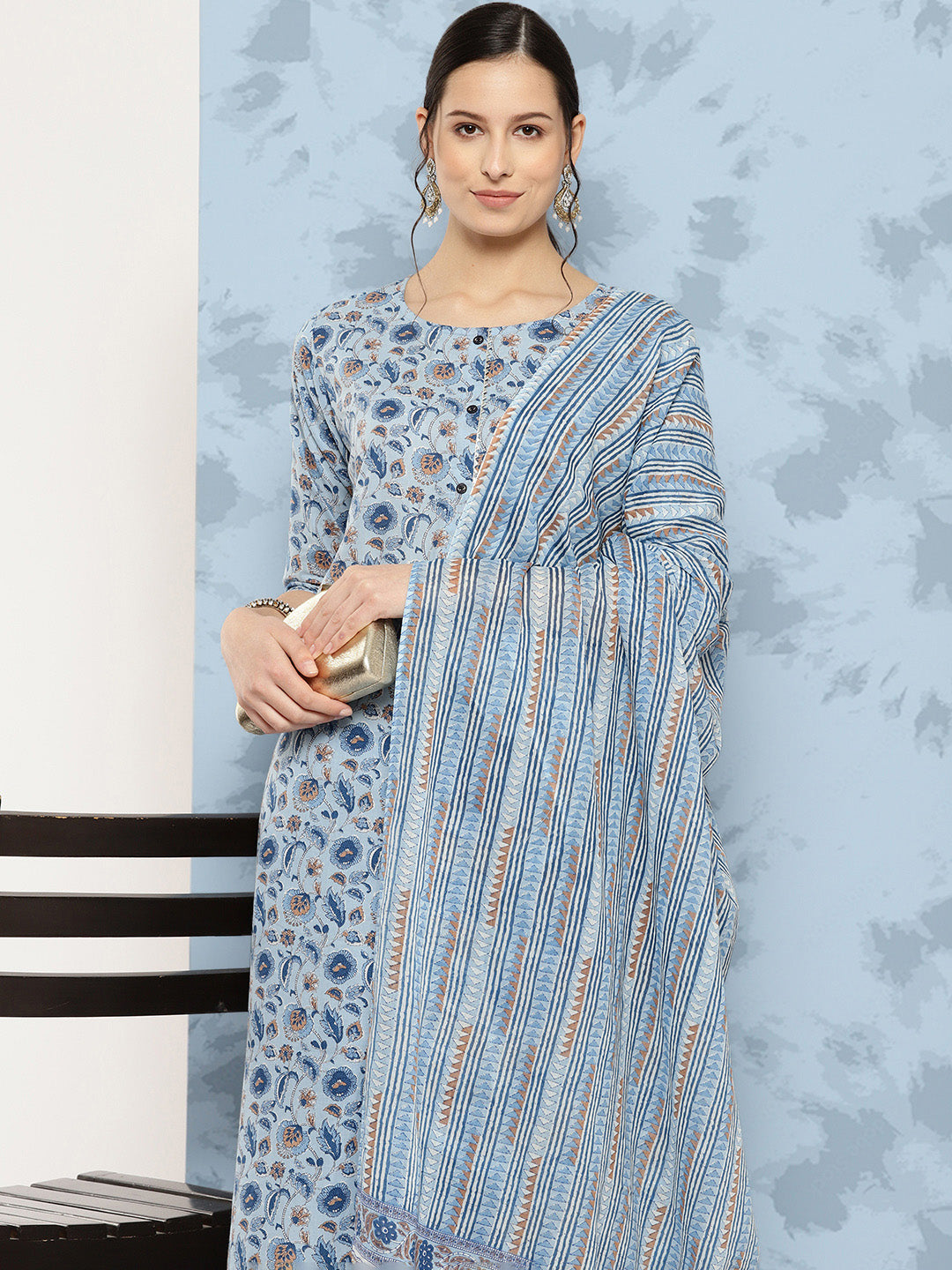 Blue Floral Printed A-Line Kurta With Palazzo And Dupatta