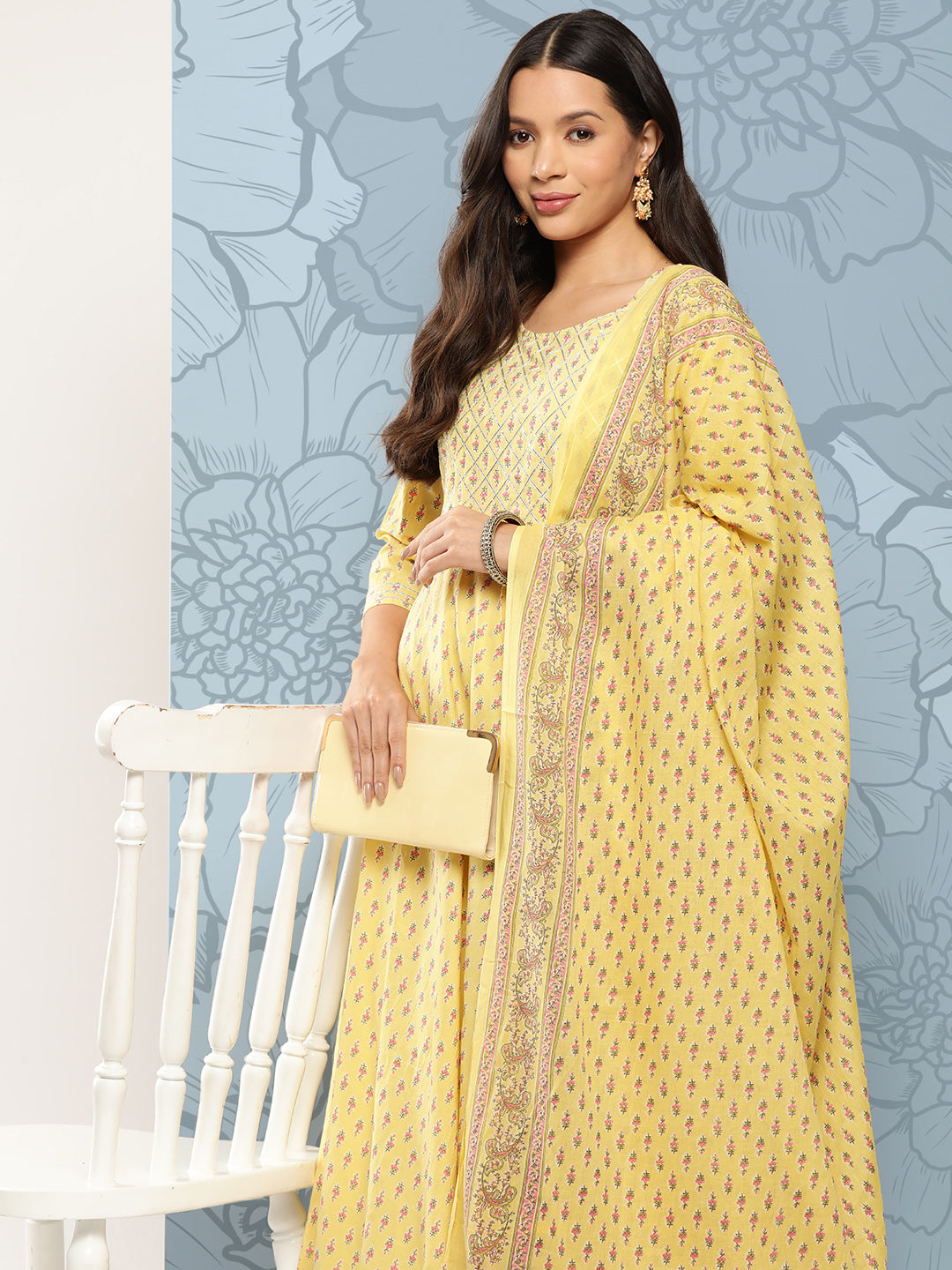 Yellow Ethnic Printed Anarkali Kurta With Trouser And Dupatta