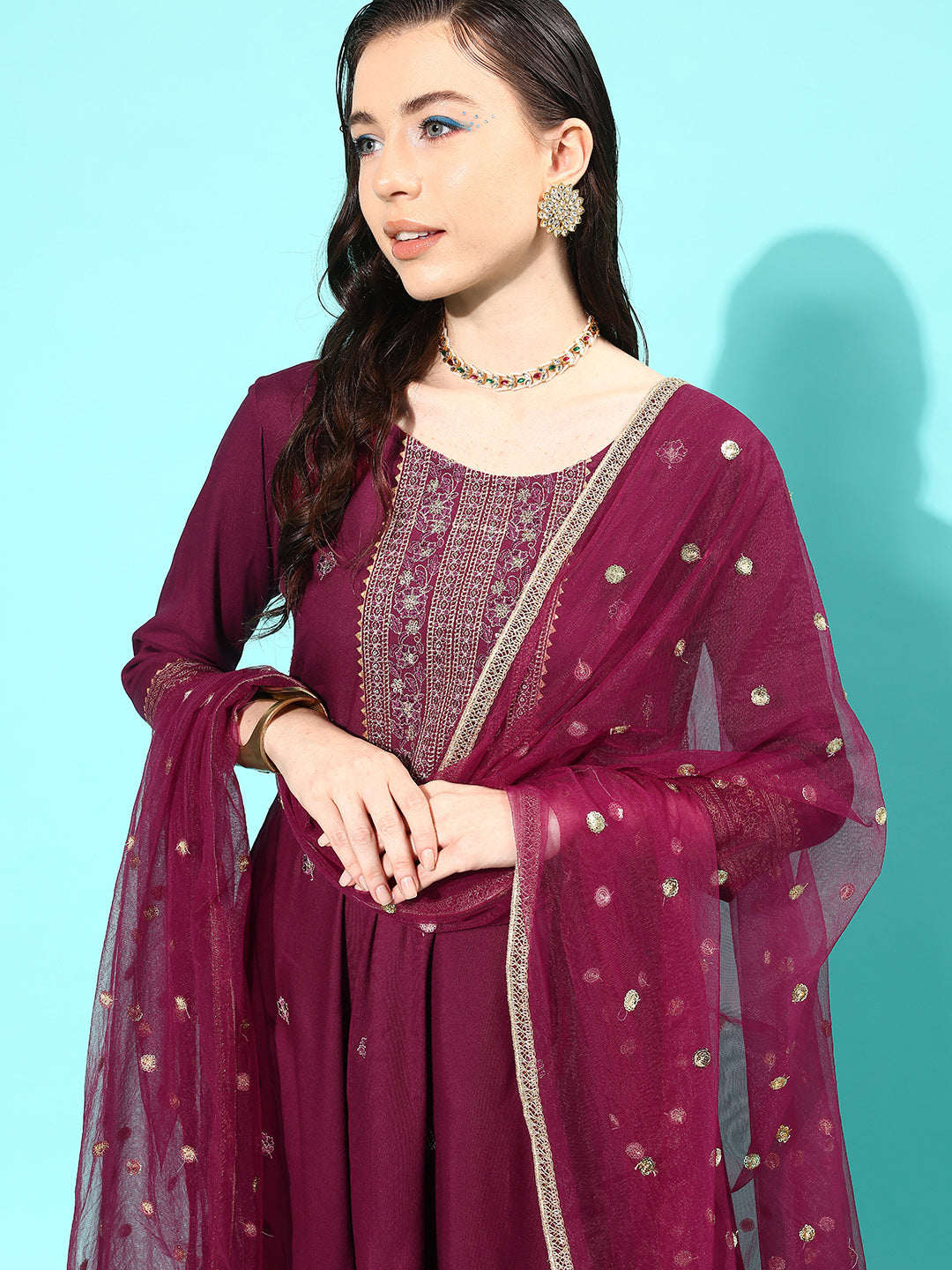 Burgundy Embroidered Anarkali Kurta With Trouser And Dupatta