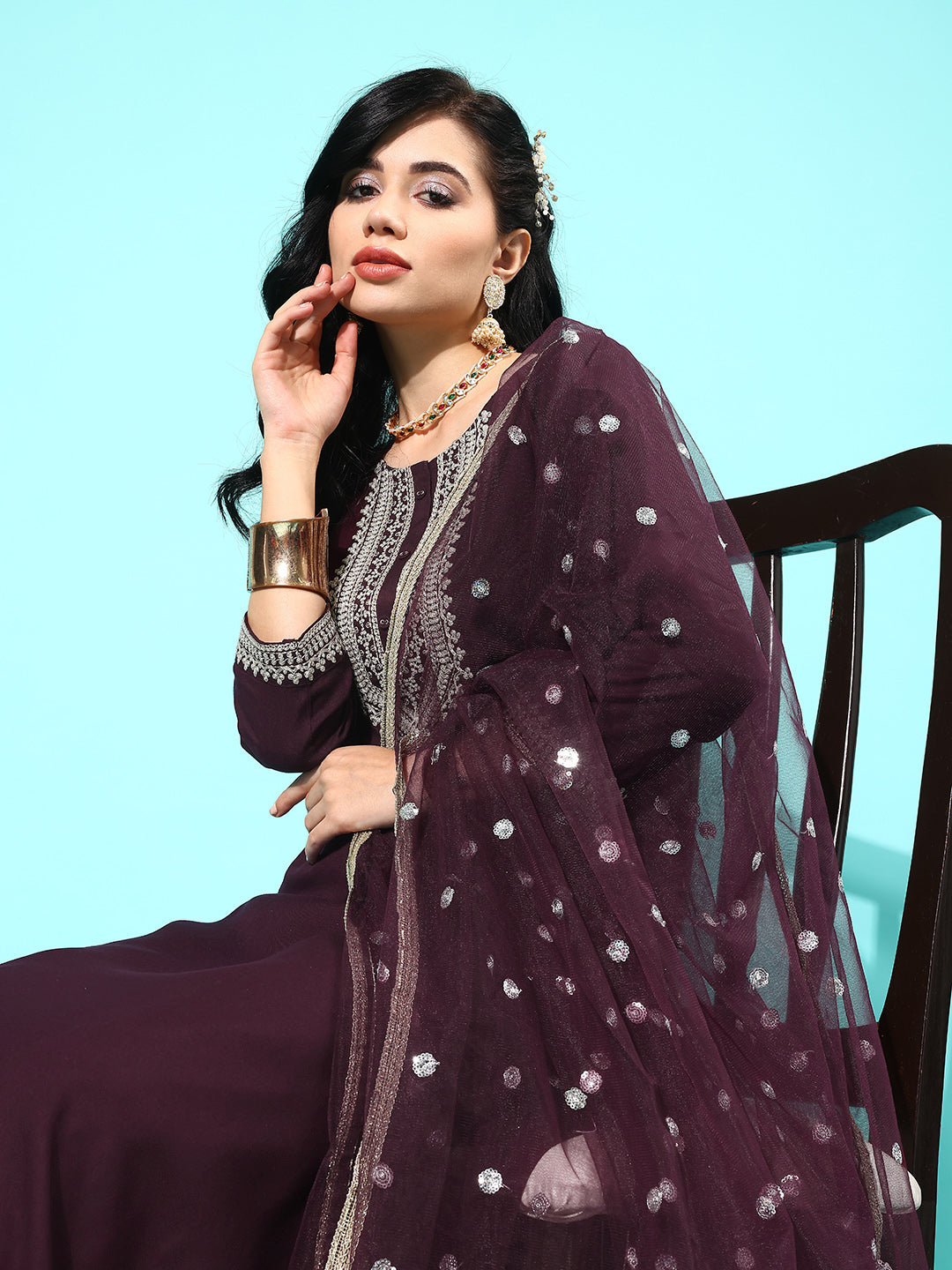 Dark Purple Embroidered Straight Kurta With Palazzo And Net Dupatta