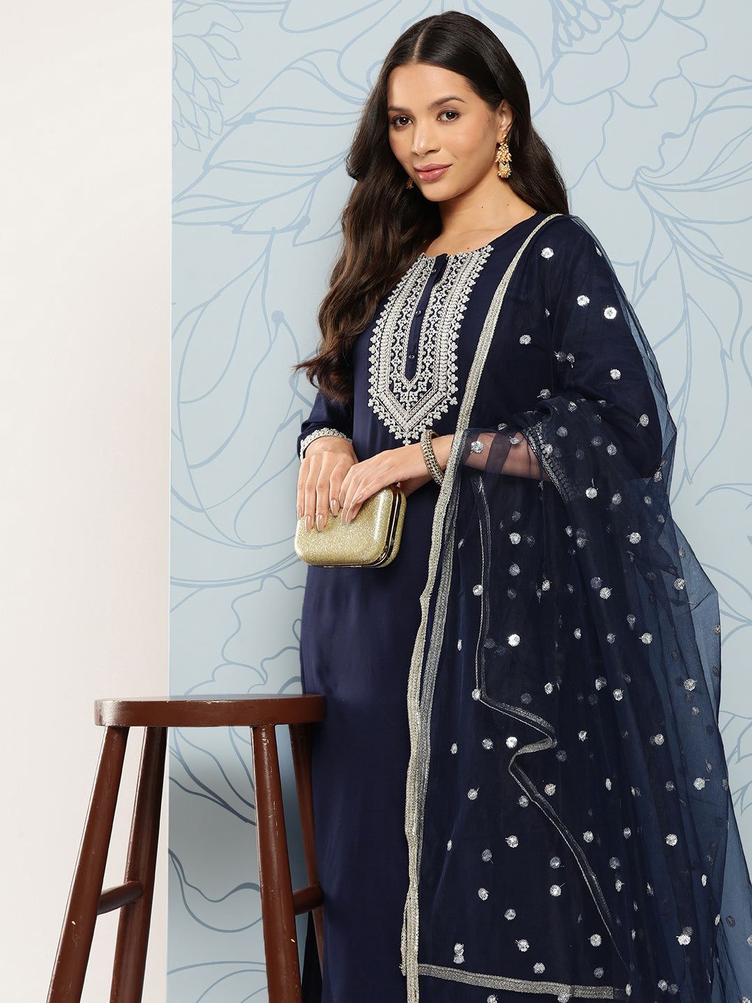 Navy Blue Embroidered Straight Kurta With Palazzo And Net Dupatta