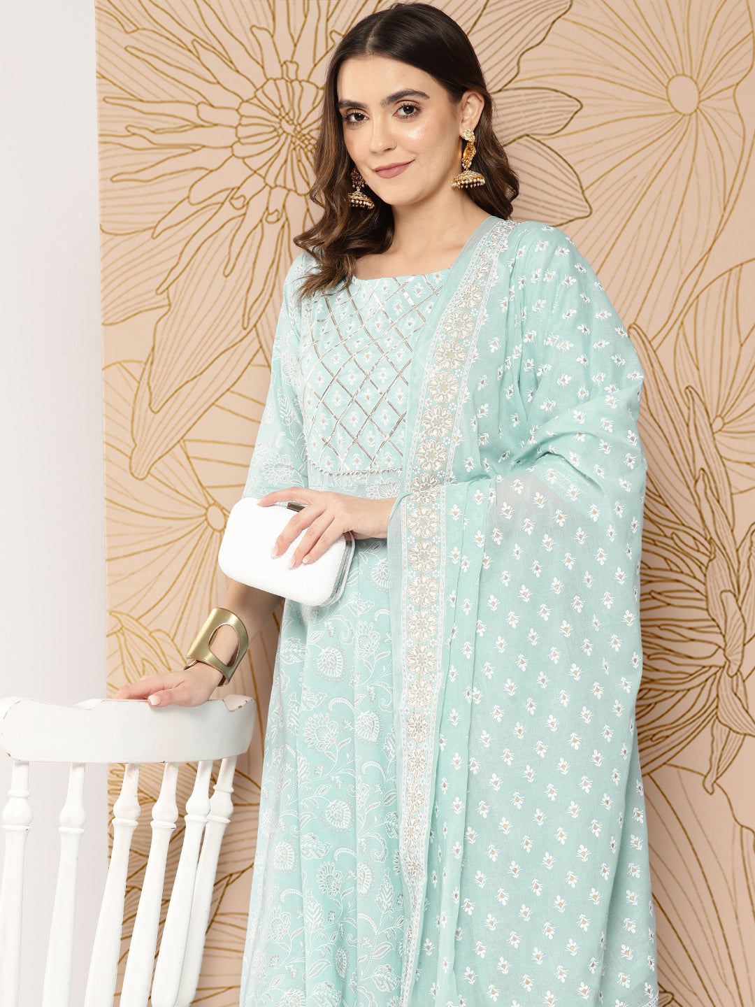 Blue Ethnic Printed Kurta With Trouser And Dupatta