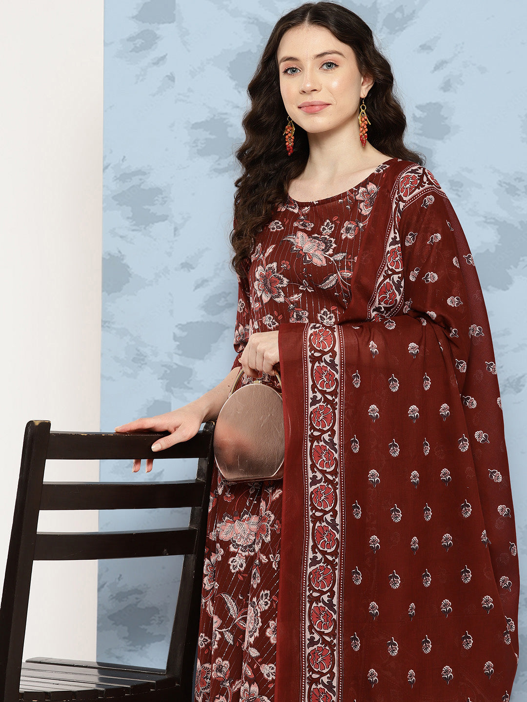 Maroon Floral Printed Flared Kurta With Trouser And Dupatta
