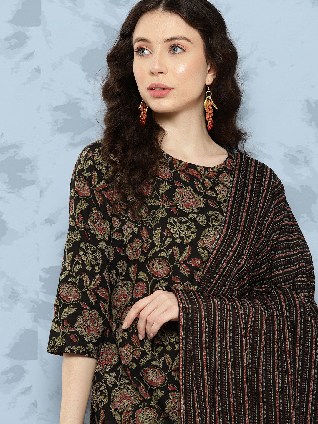 Black Floral Printed Straight Kurta With Trouser And Dupatta
