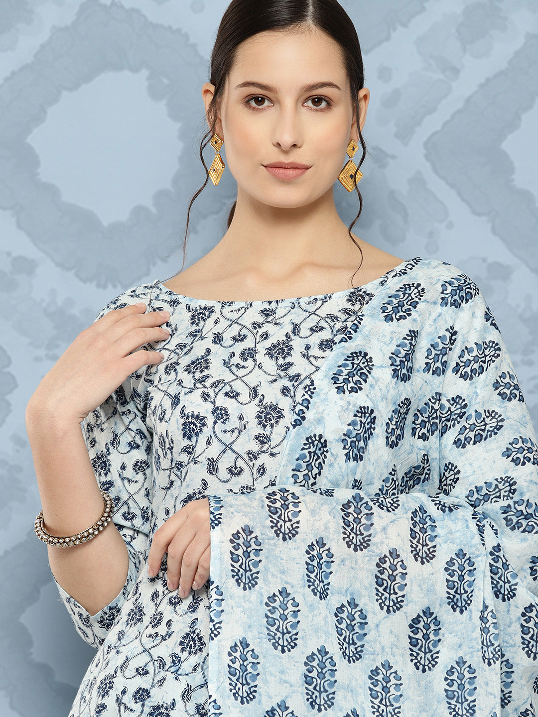 Blue Floral Printed Anarkali Kurta With Trouser And Dupatta