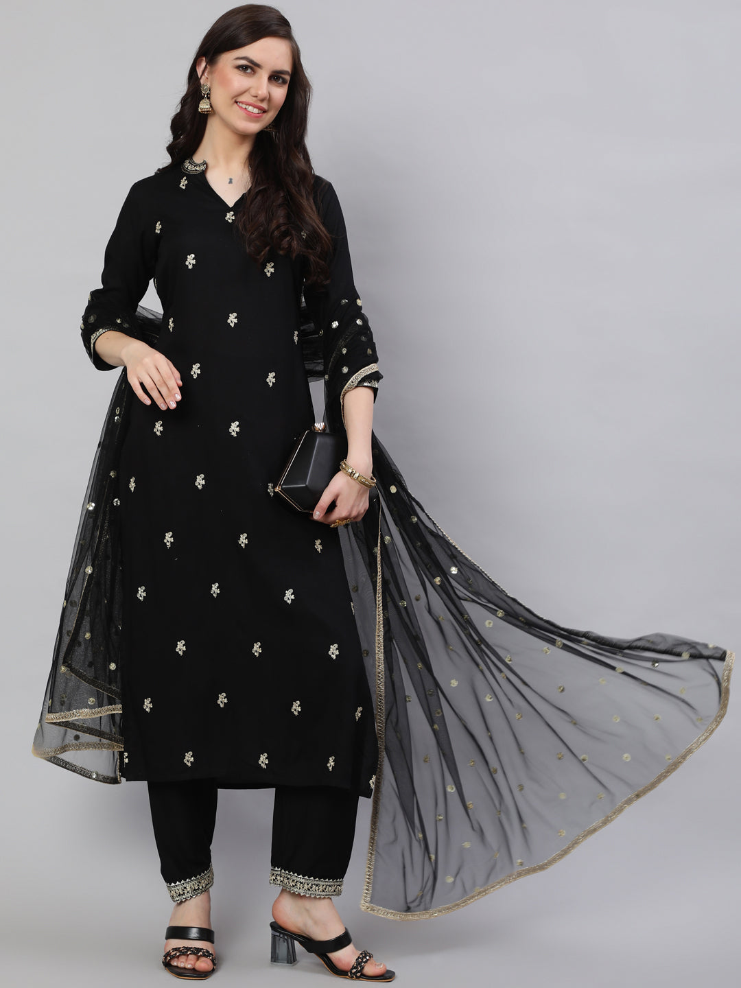 Women Black Embroidered Straight Kurta Trousers With Dupatta Set