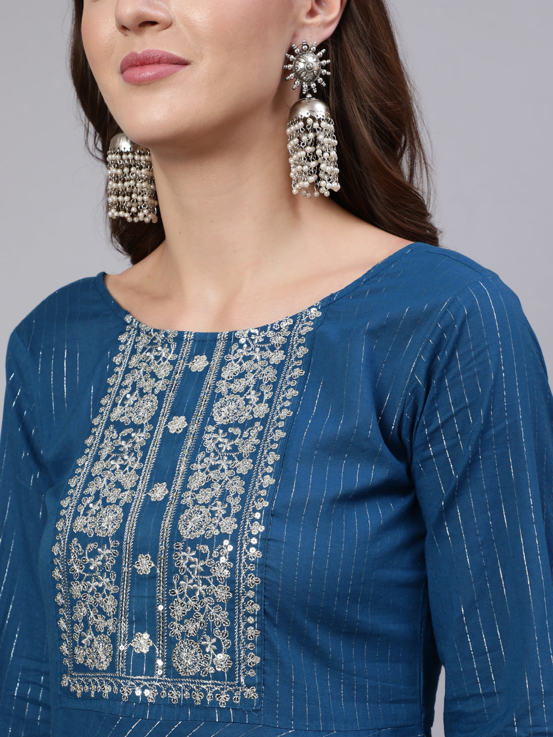 Teal Blue Embroidered Flared Kurta With Trouser And Dupatta