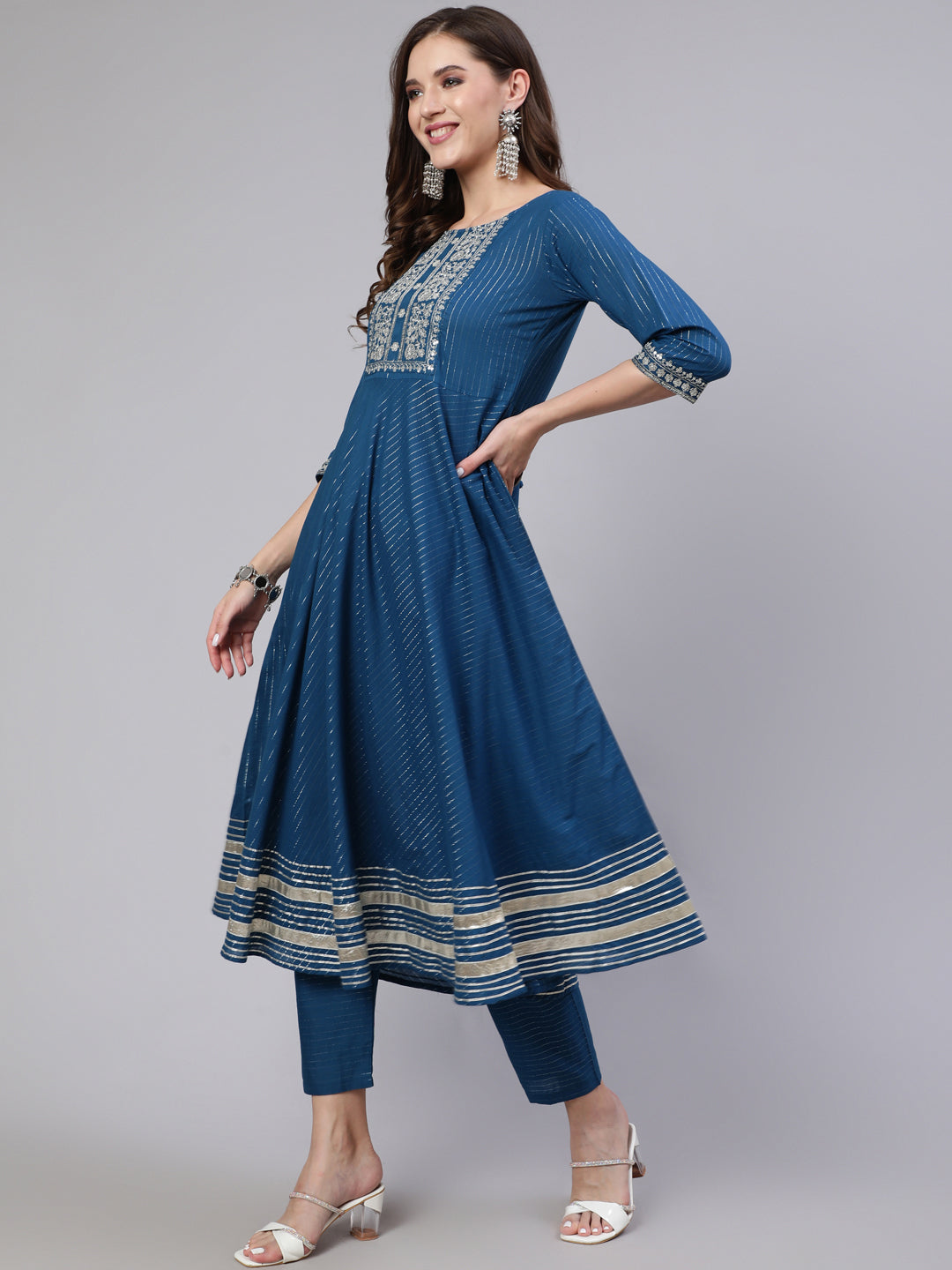 Teal Blue Embroidered Flared Kurta With Trouser And Dupatta