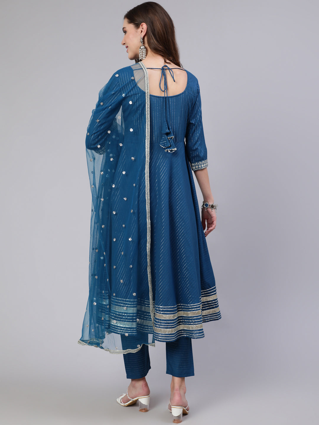 Teal Blue Embroidered Flared Kurta With Trouser And Dupatta