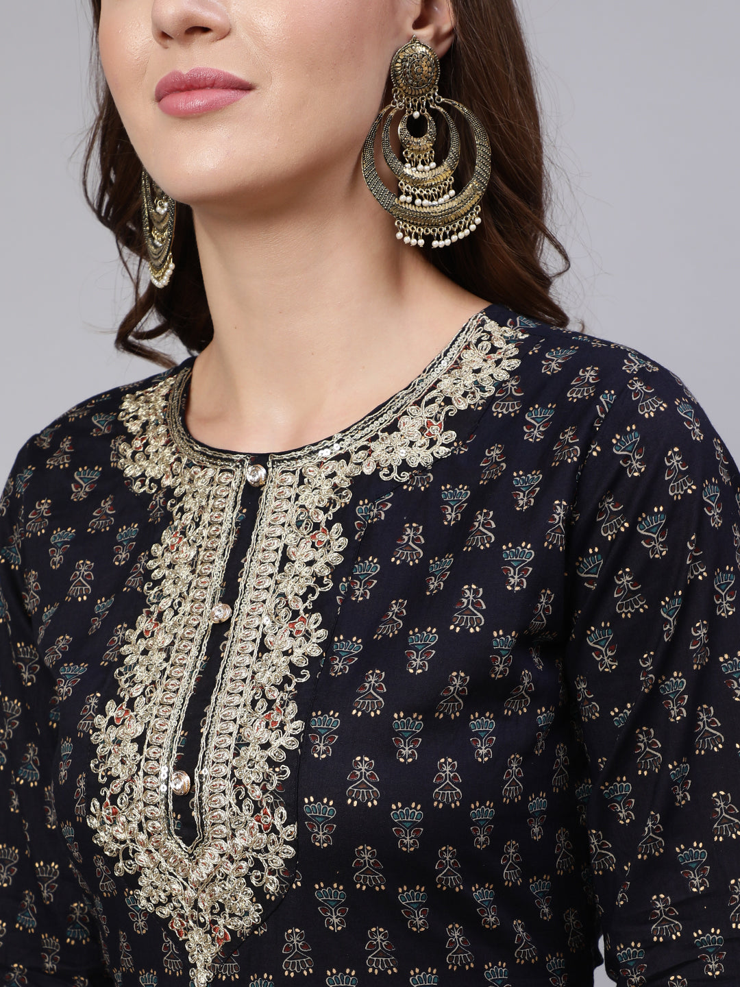 Navy Blue Embroidered Flared Kurta With Trouser And Dupatta