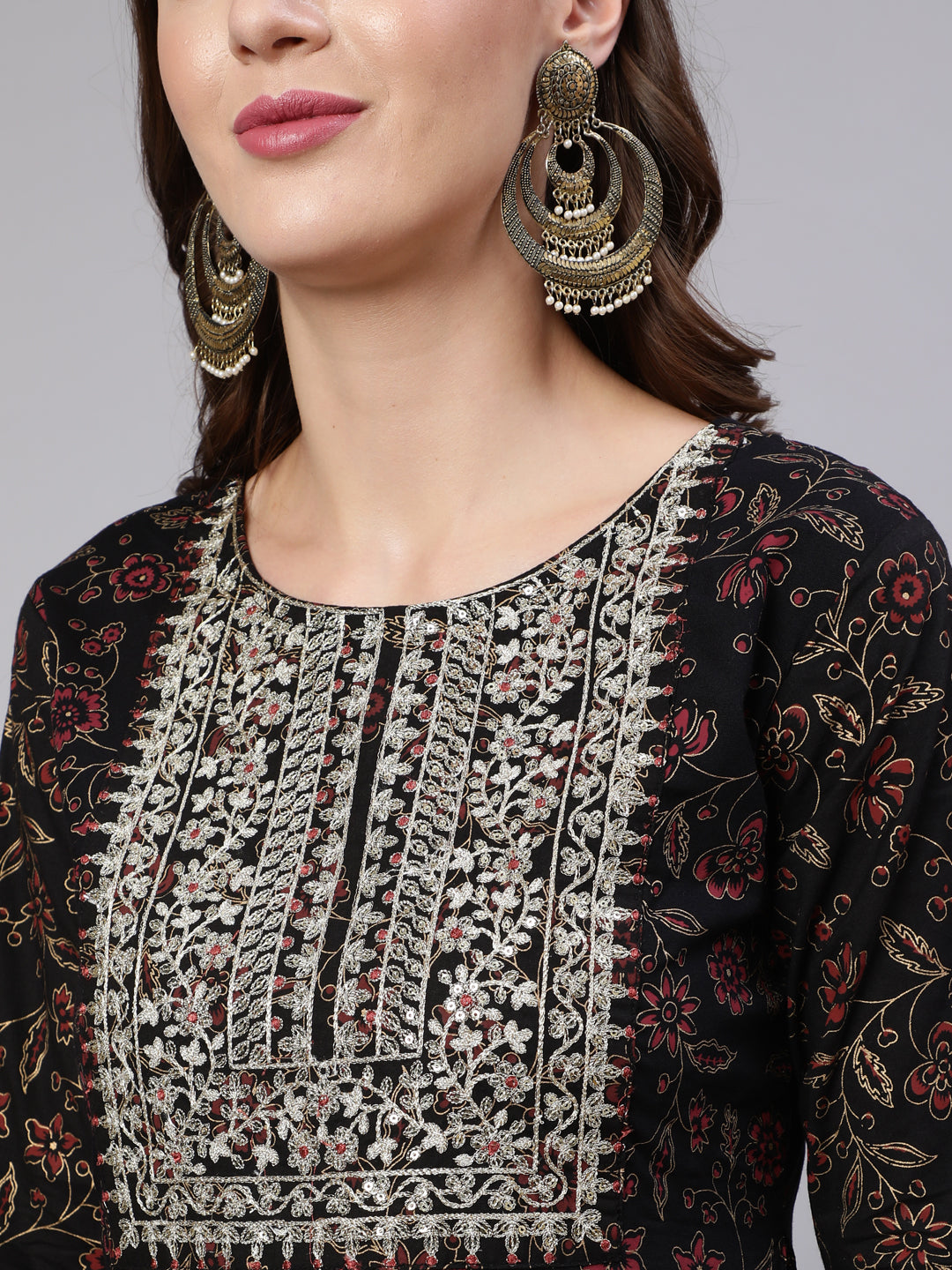 Black Embroidered Flared Kurta With Trouser And Dupatta