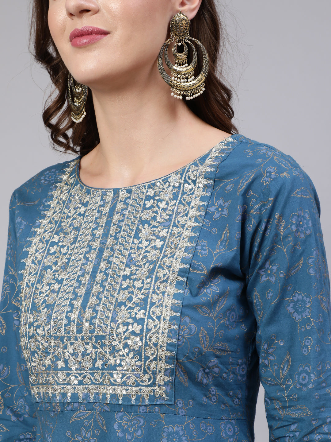 Blue Embroidered Flared Kurta With Trouser And Dupatta