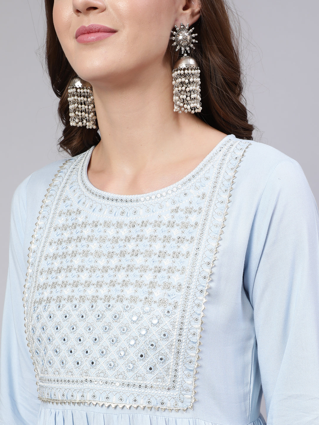 Blue Embroidered Flared Kurta With Trouser And Dupatta