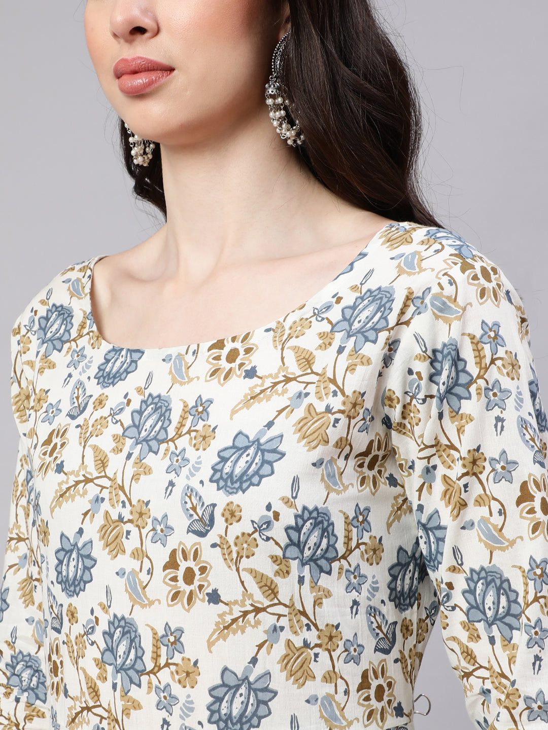 Off-White Floral Printed Flared Kurta With Trouser And Dupatta