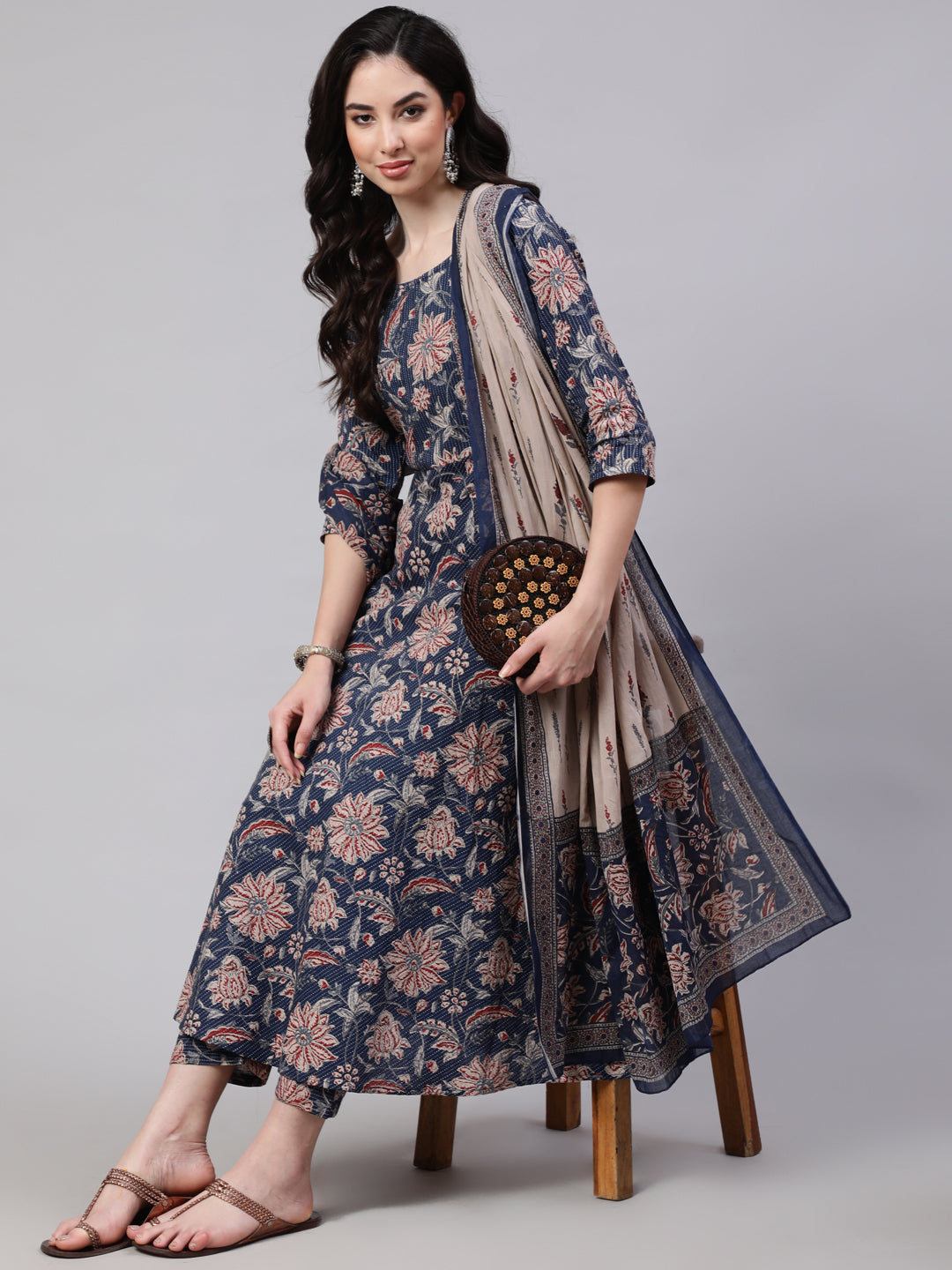 Blue Floral Printed Anarkali Kurta With Trouser And Dupatta
