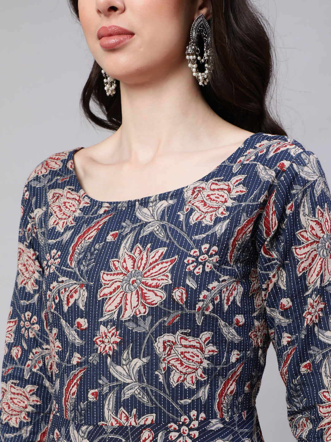 Blue Floral Printed Anarkali Kurta With Trouser And Dupatta