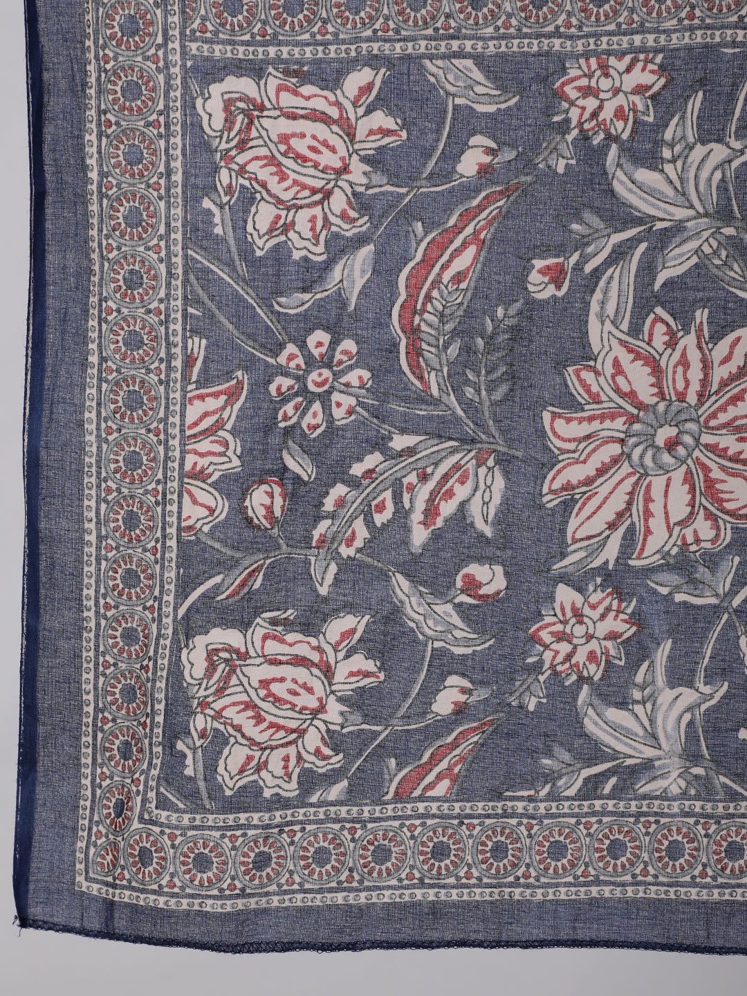 Blue Floral Printed Anarkali Kurta With Trouser And Dupatta