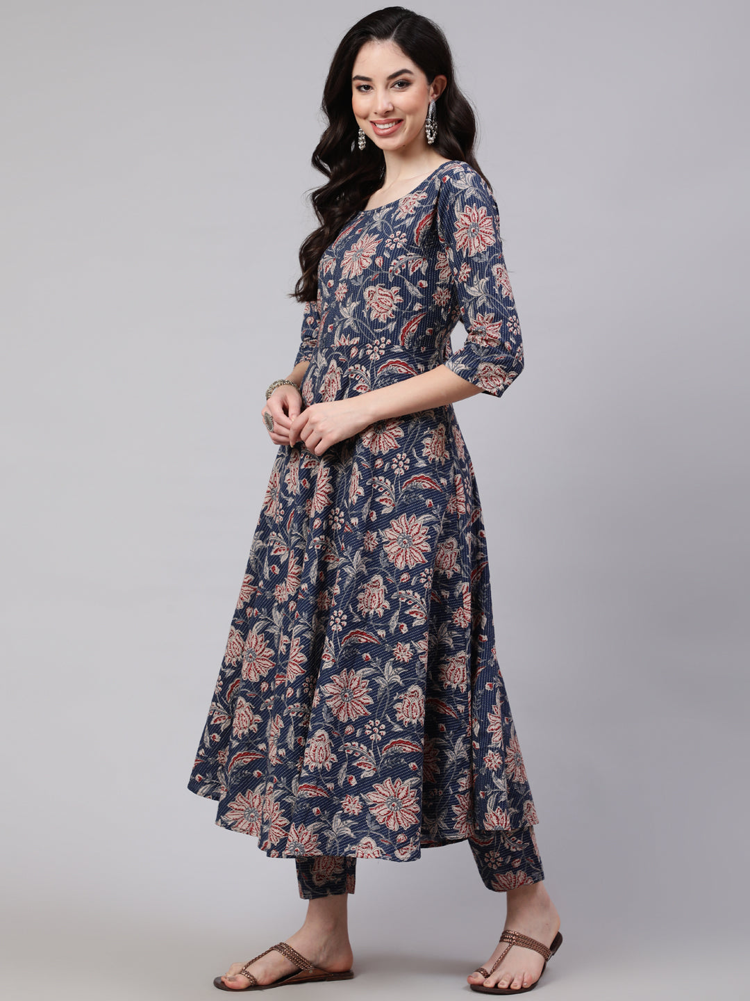 Blue Floral Printed Anarkali Kurta With Trouser And Dupatta