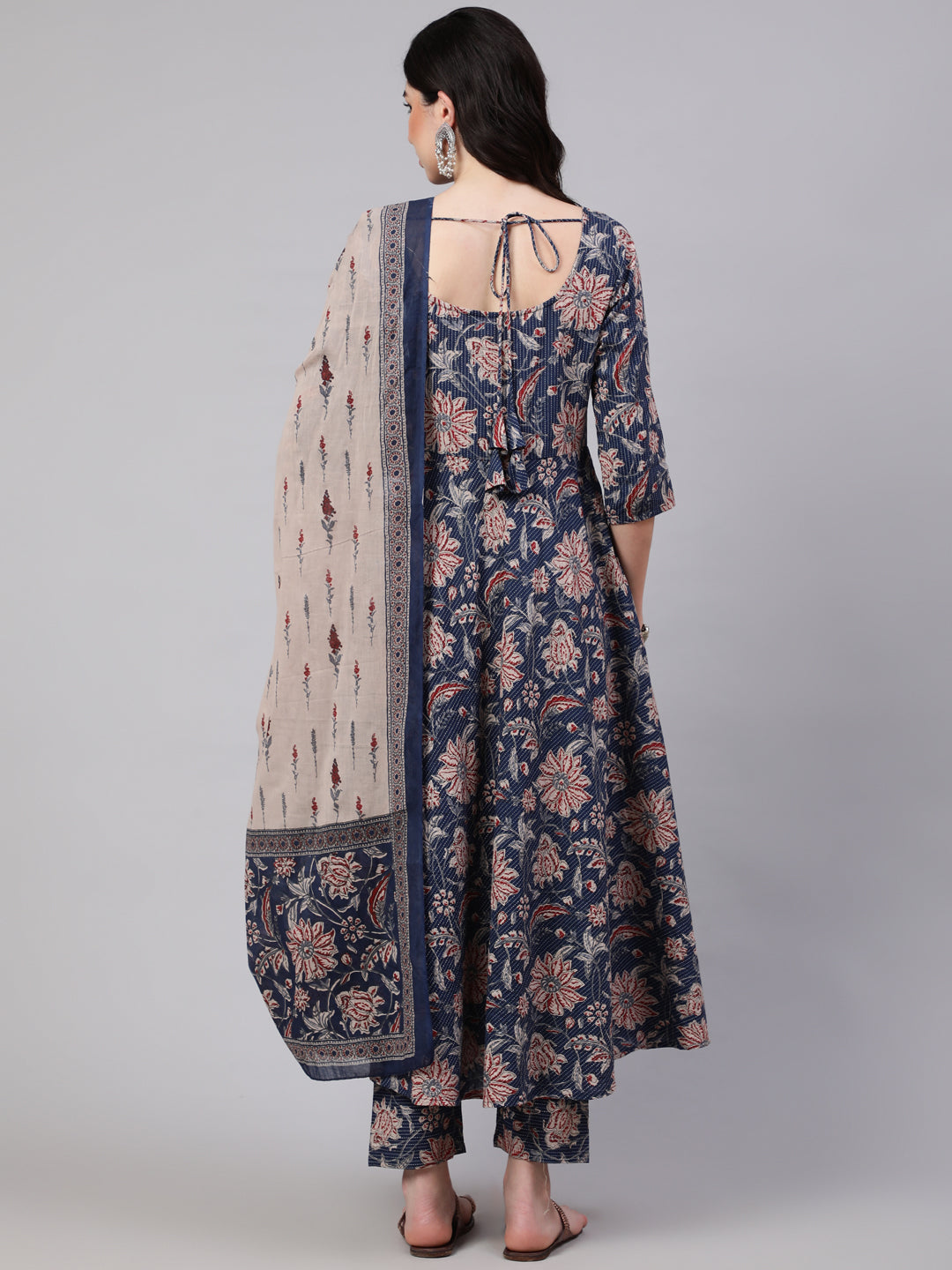 Blue Floral Printed Anarkali Kurta With Trouser And Dupatta