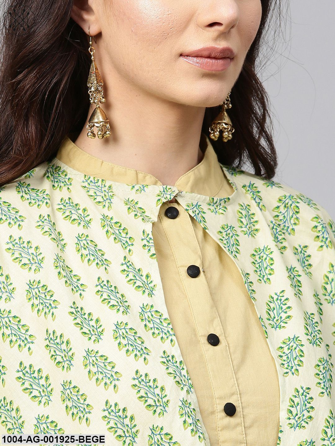 Beige Sleeveless Cotton Anarkali Kurta With Printed Jacket