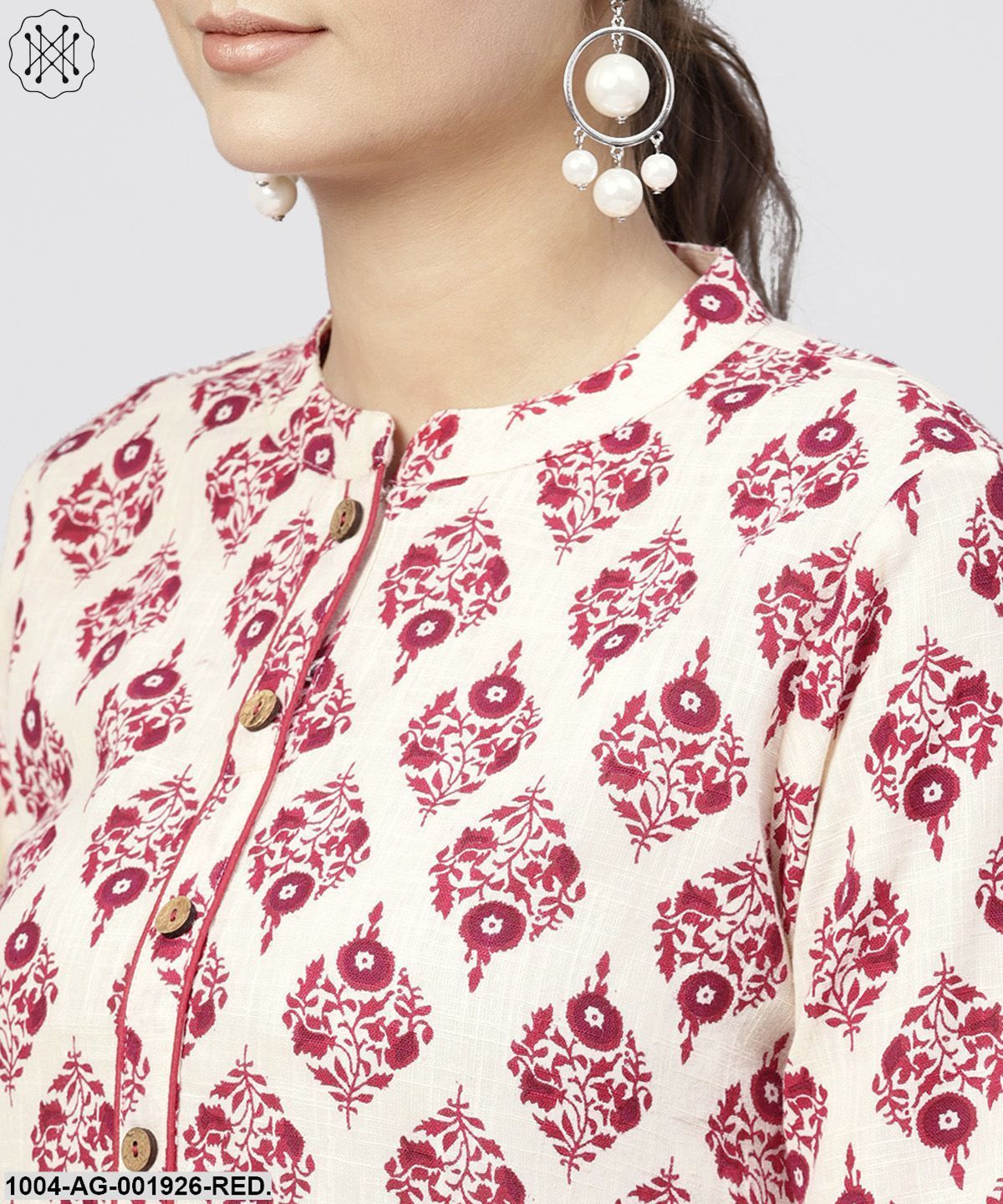 Red Printed Cotton Kurta With Madarin Collar And3/4Th Sleeves