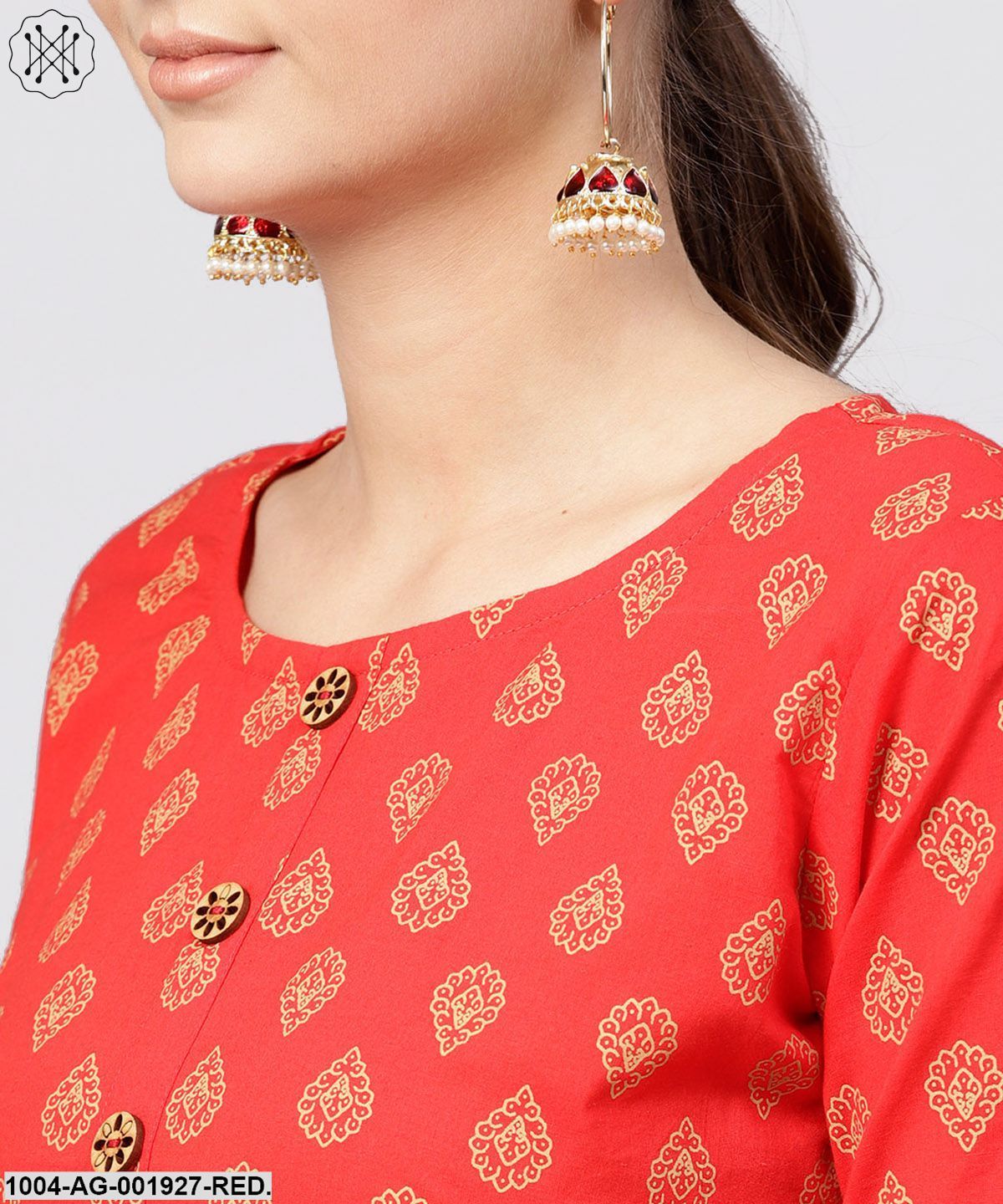 Red Cotton Printed A-Line With Box PleatedKurta With Front Placket And 3/4 Sleeves