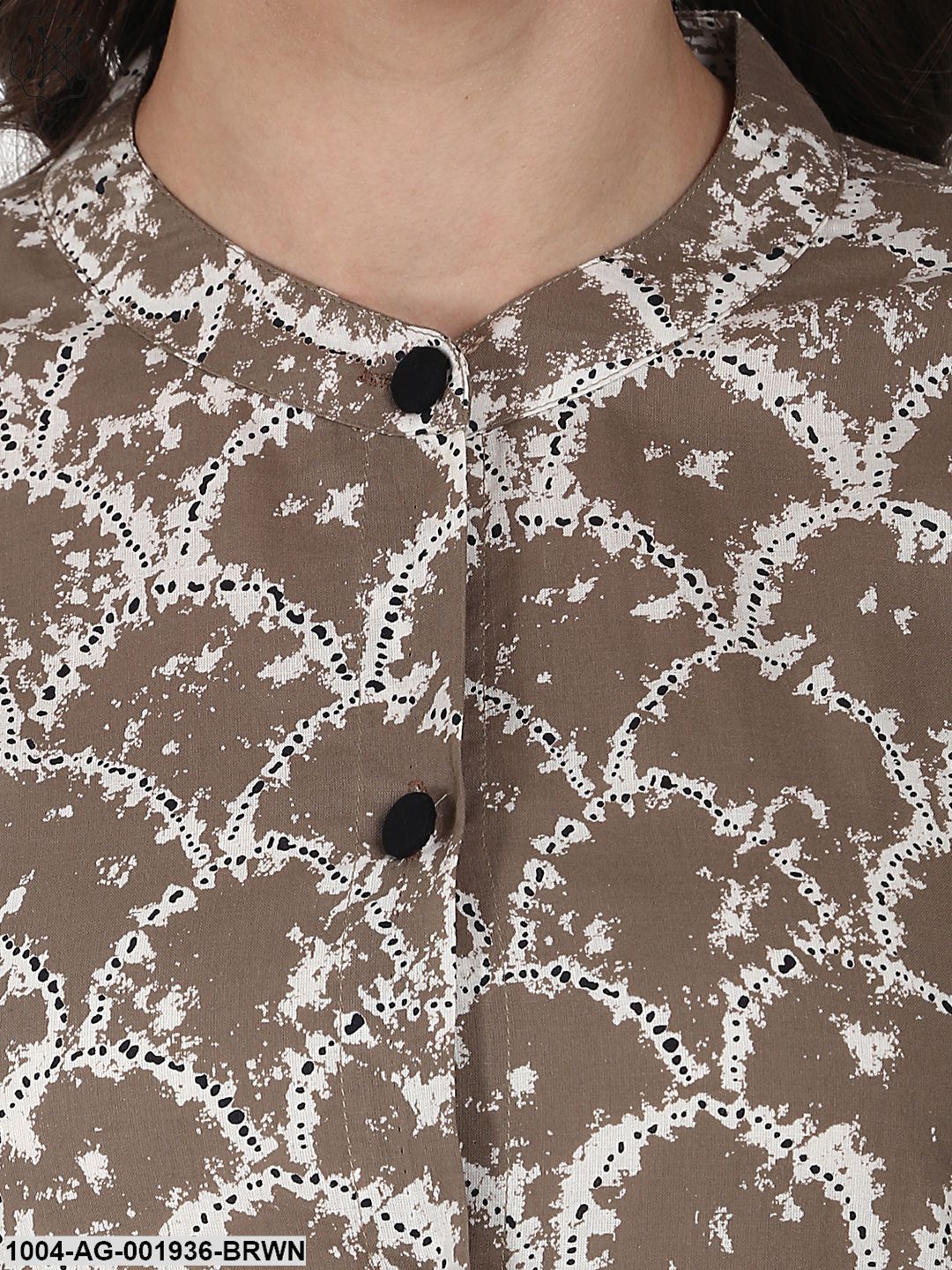 Brown Printed 3/4 Sleeve Front Open A-Line Kurta