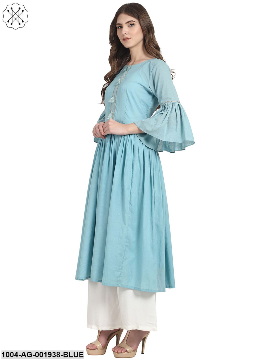 Blue 3/4 Sleeve Cotton Anarkali Kurta