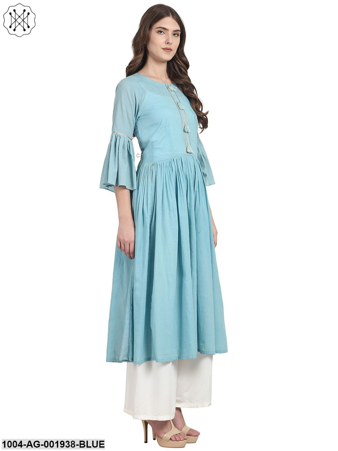Blue 3/4 Sleeve Cotton Anarkali Kurta