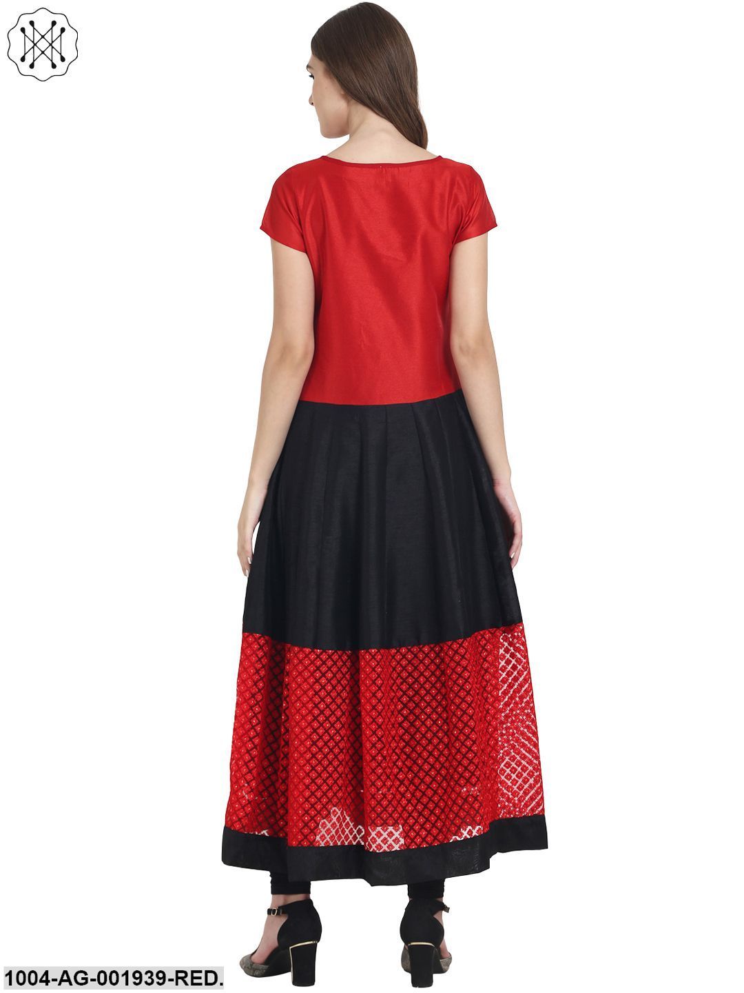 Red & Black Cap Sleeve Net And Dupion Anarkali Kurta