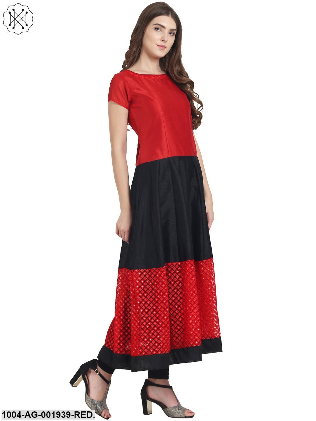 Red & Black Cap Sleeve Net And Dupion Anarkali Kurta