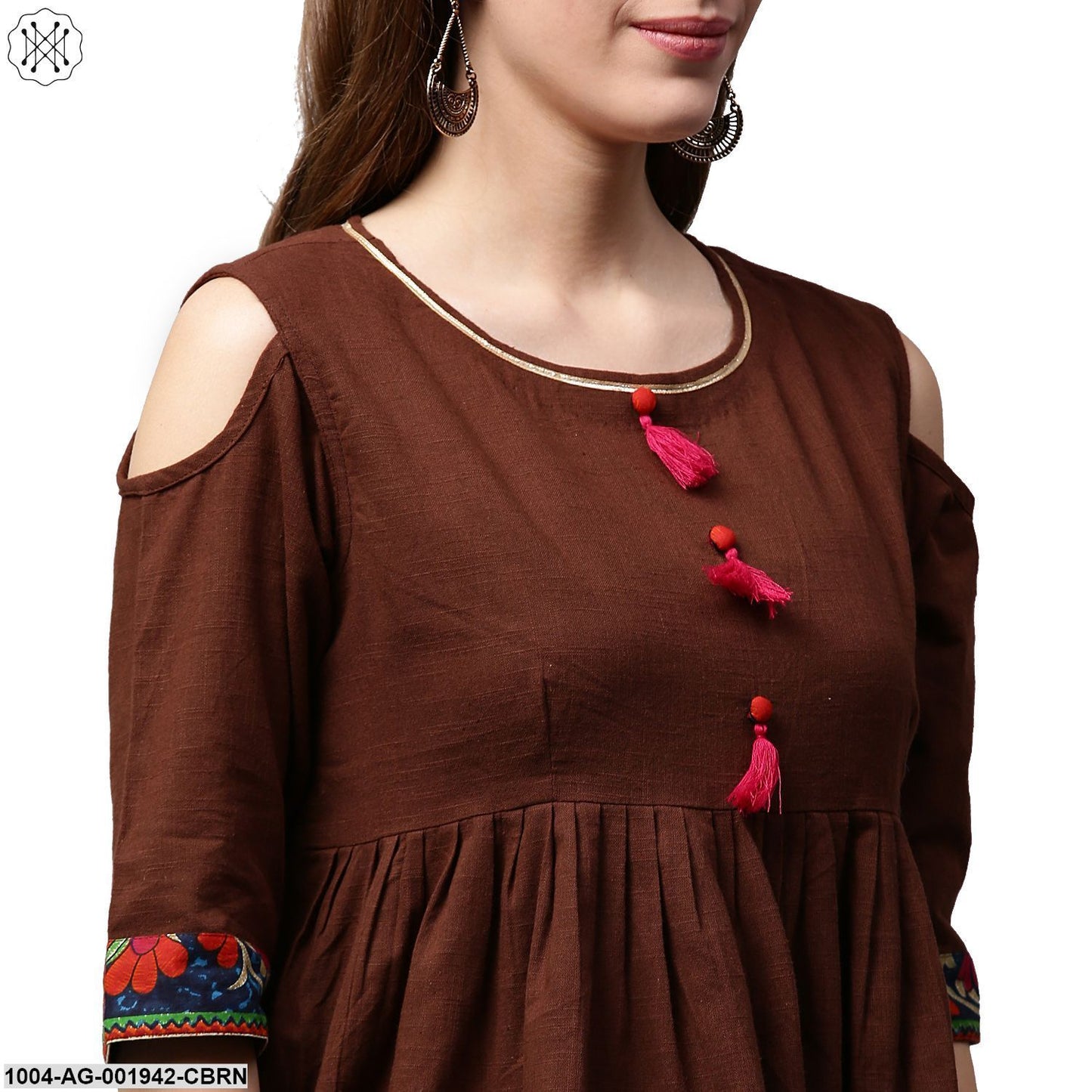 Coffee Color 3/4Th Sleeve Cold Shoulder Cotton Cropped Anarkali Kurta