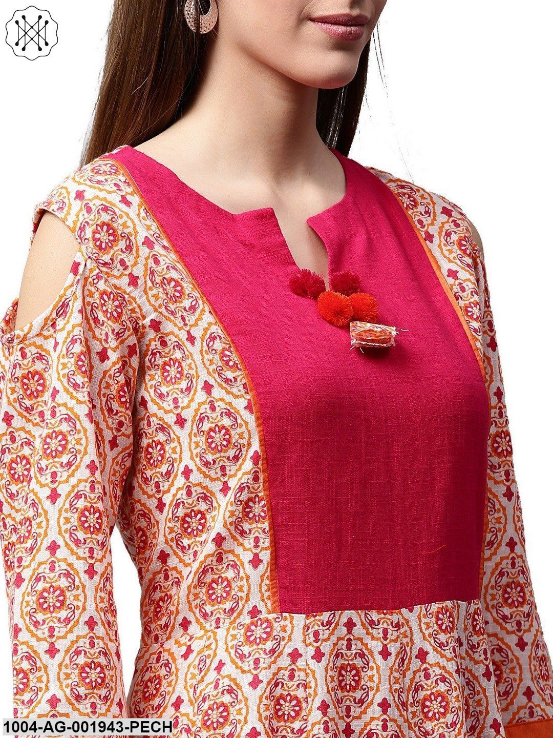 Peach Printed 3/4Th Sleeve Cold Shoulder Cotton Slub Anarkali Kurta