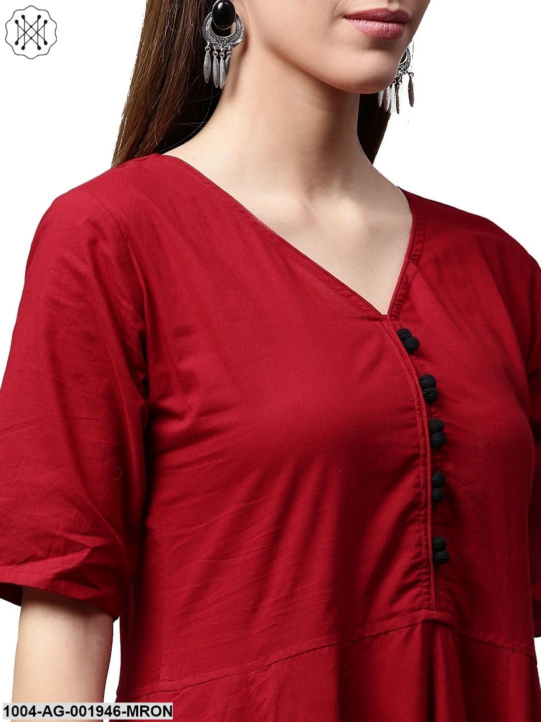 Maroon Printed Half Sleeve Cotton Anarkali Kurta