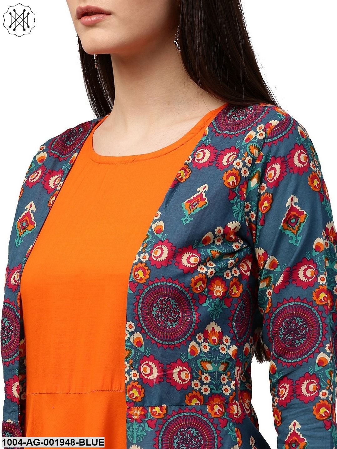 Blue & Orange Printed 3/4Th Sleeve Cotton Double Layer A-Line Kurta