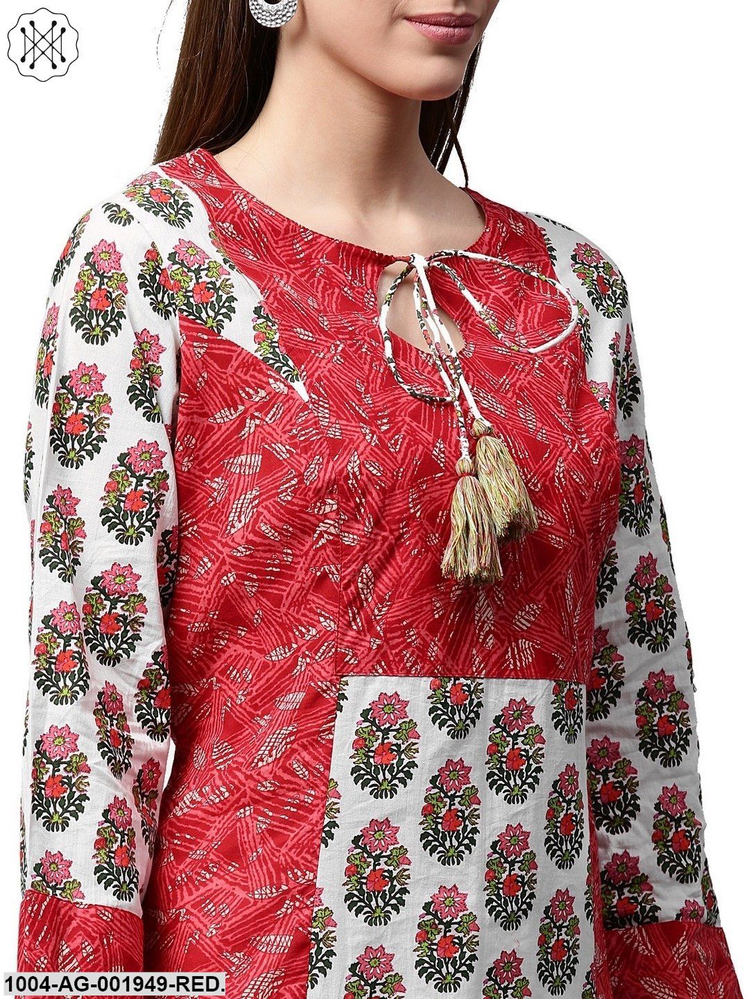 Red Printed 3/4Th Sleeve Cotton Kurta