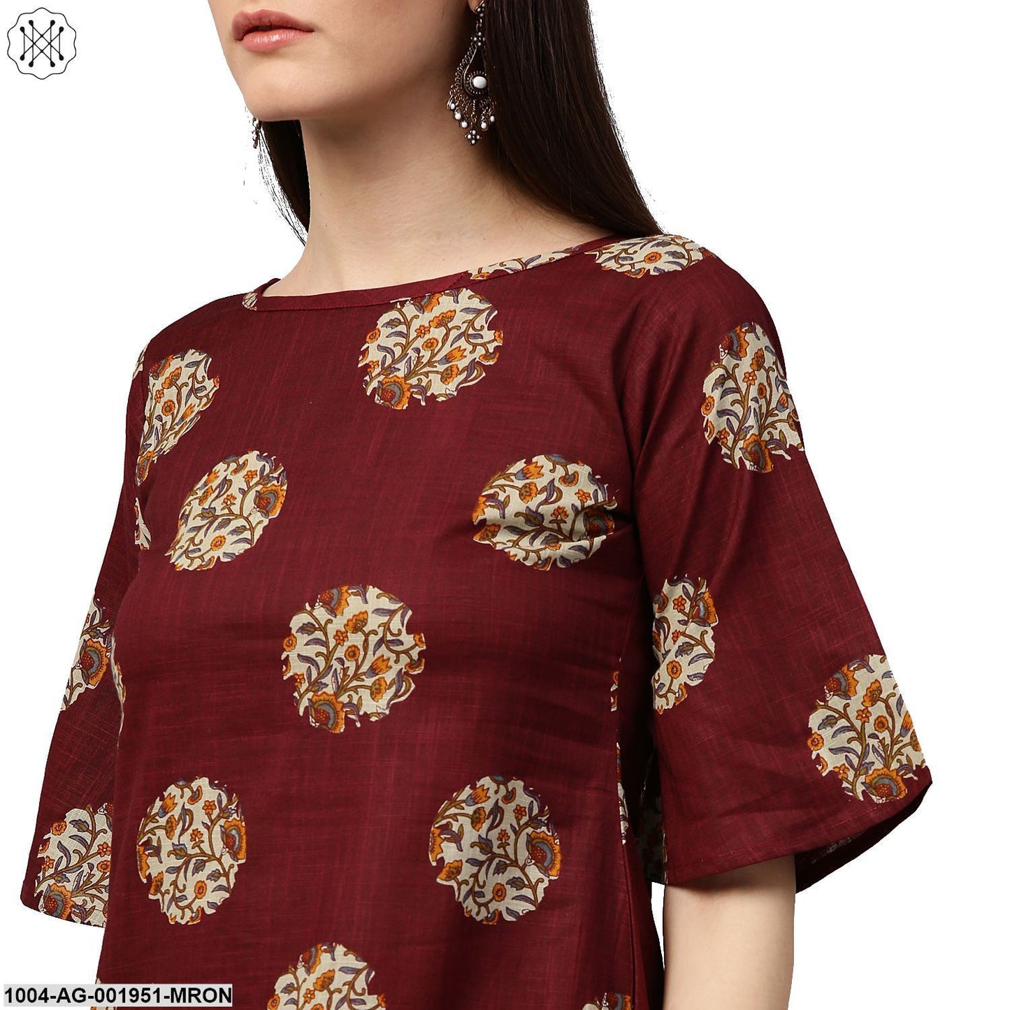 Maroon Printed Half Sleeve Cotton Kurta