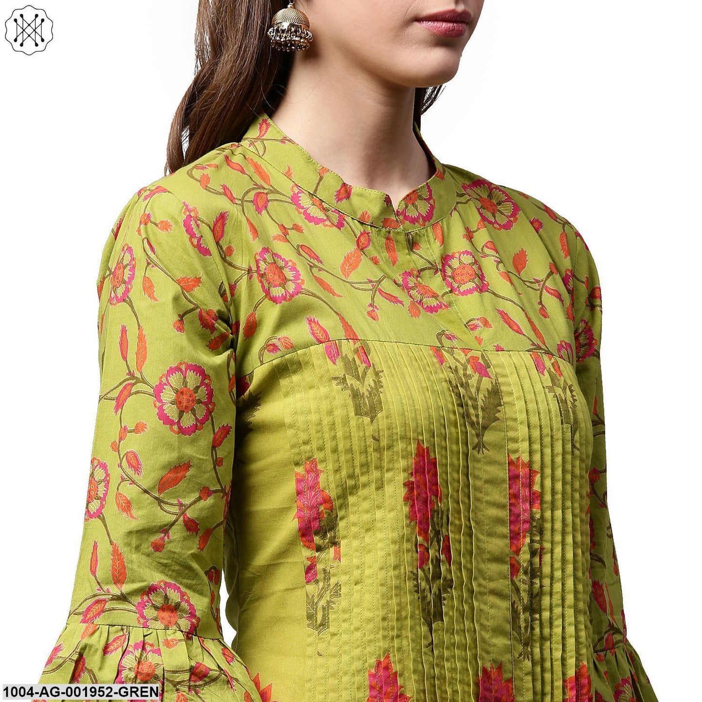 Green Printed 3/4Th Sleeve Cotton Anarkali Kurta