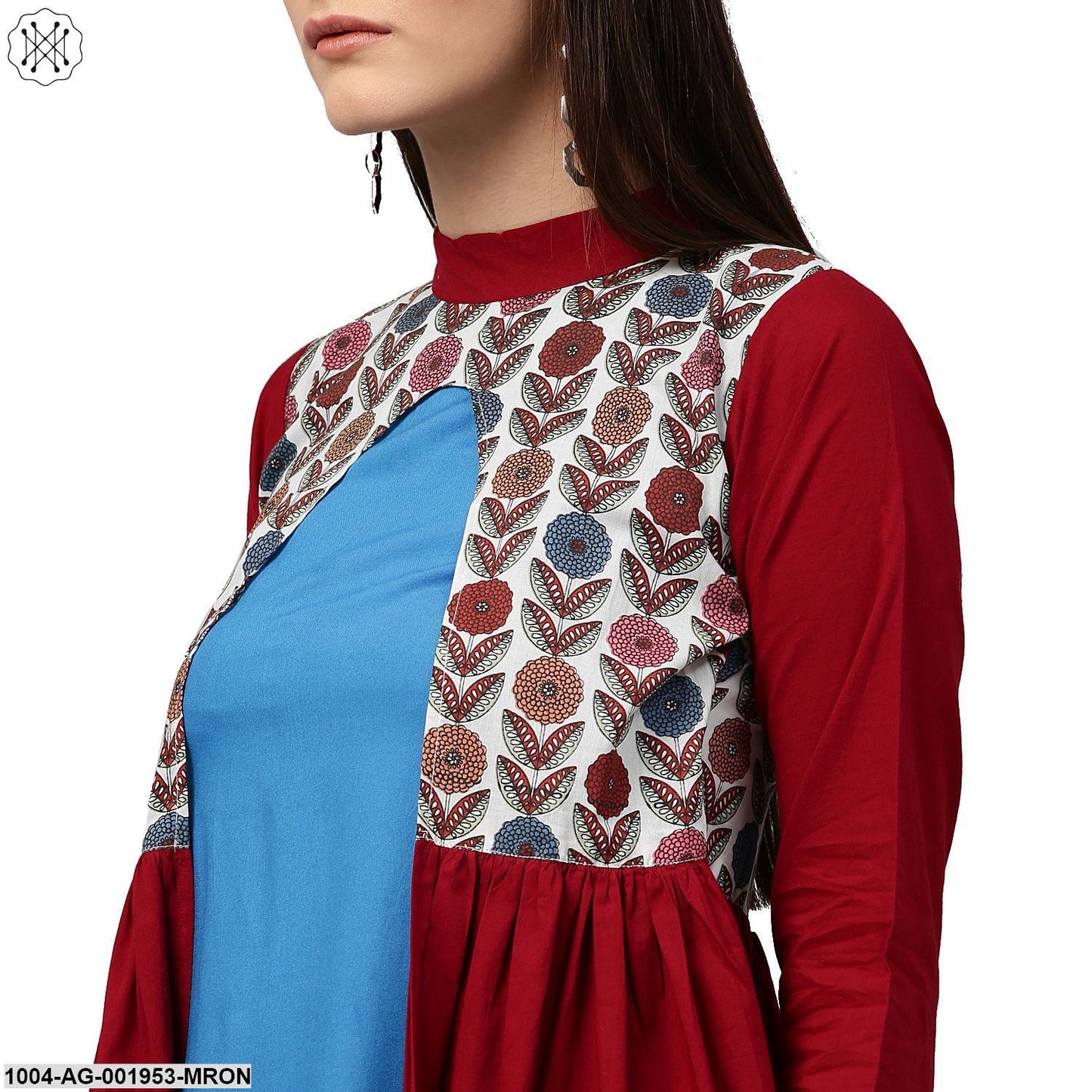 Maroon 3/4Th Sleeve Cotton Anarkali Kurta With Printed Yoke