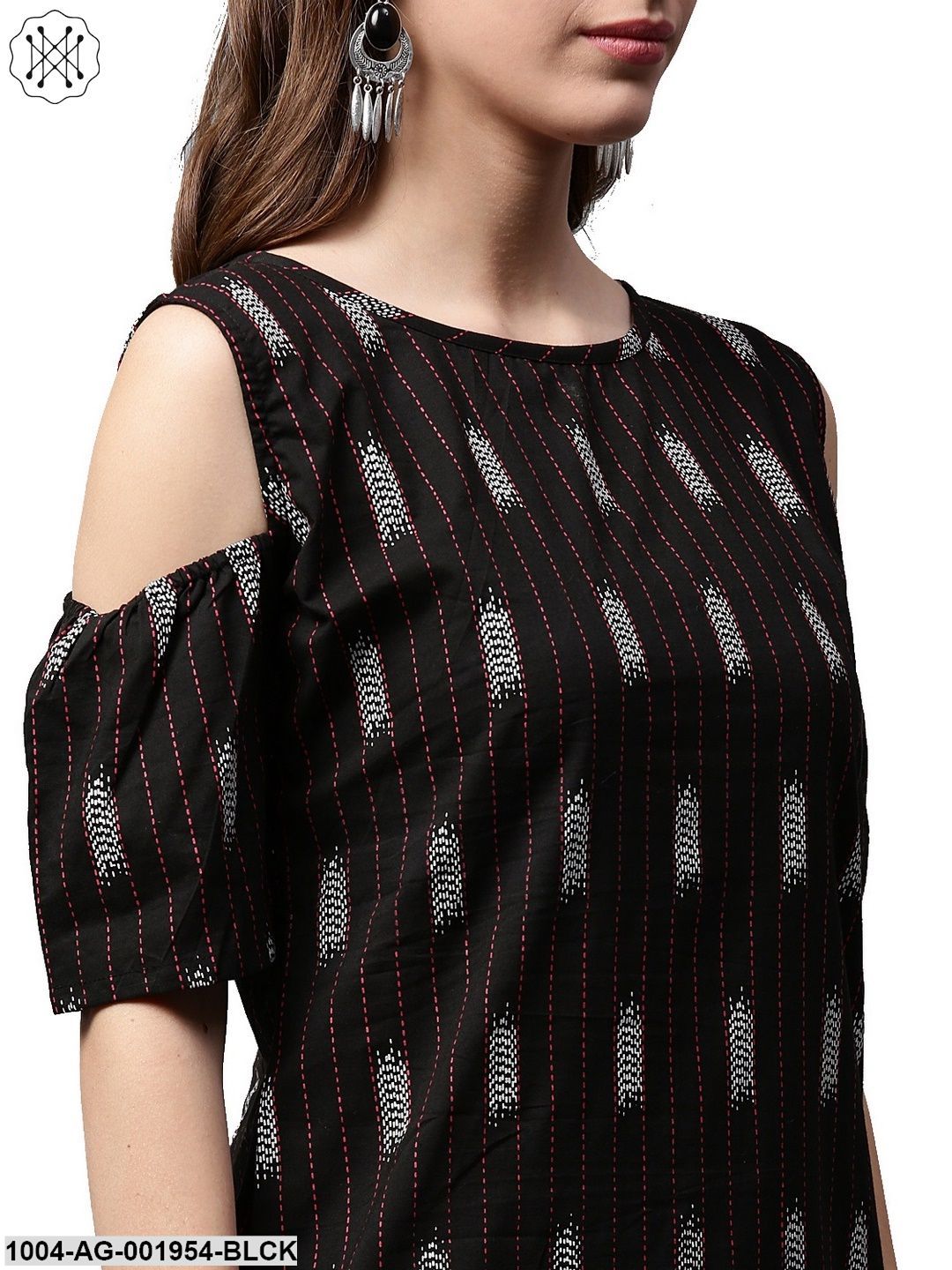 Black Printed Half Sleeve Cold Shoulder Kurta